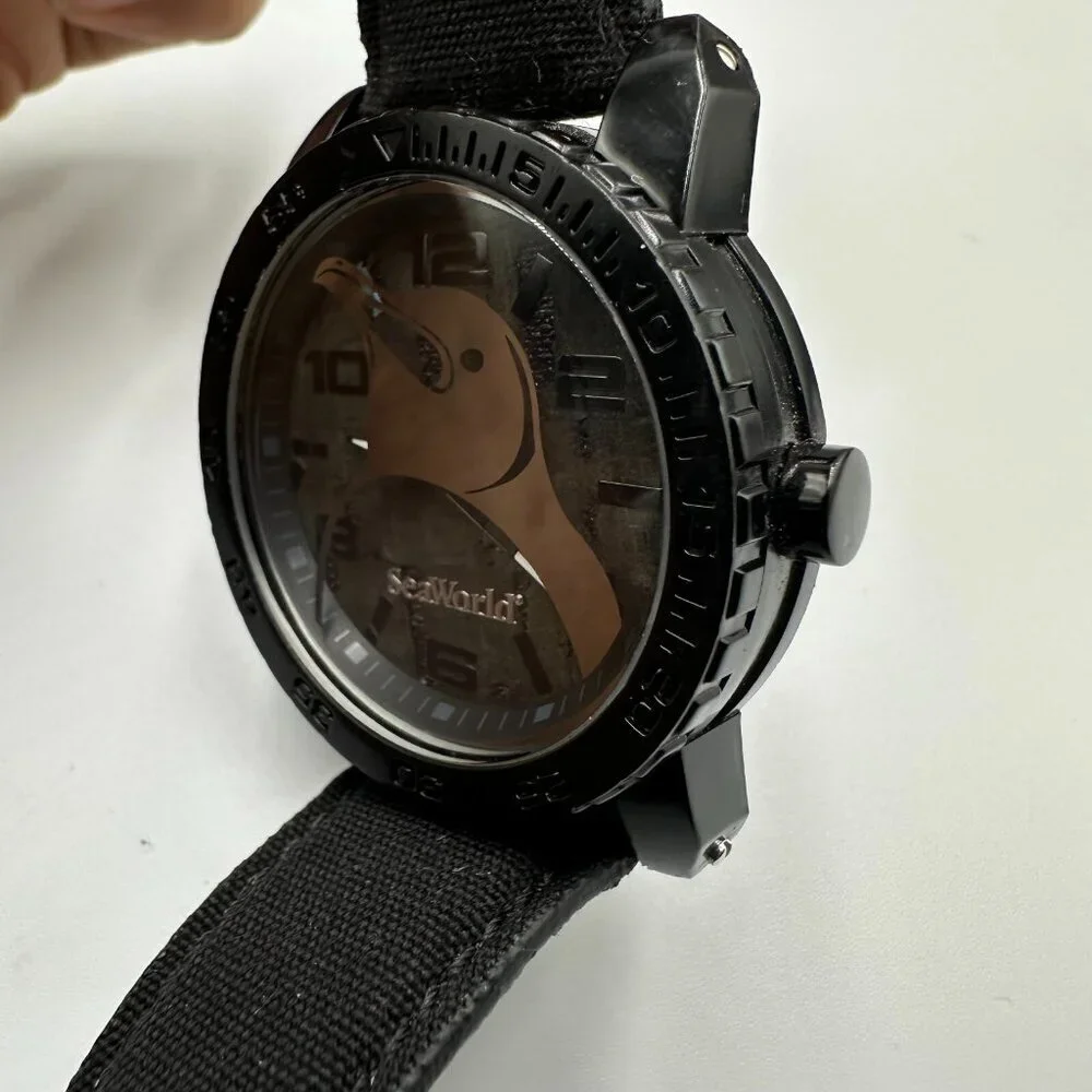 Sprout Seaworld Watch Women Black Penguin Dial Organic Cotton Band New Battery